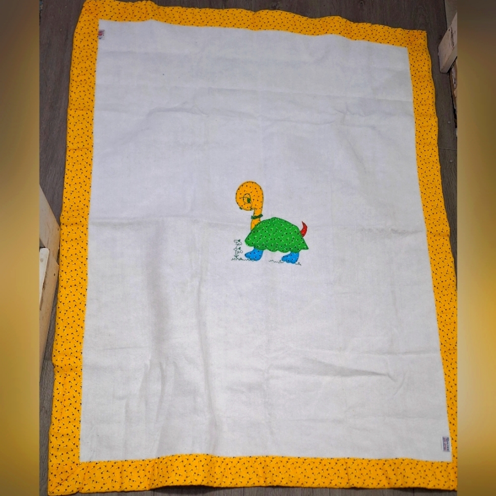 New Vintage QuilTex Turtle Embroidered Applique Baby Blanket Size 36 By 50